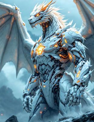 Primary subject: A white dragon with a glowing heart.

Setting/background: The dragon is standing in front of a cloudy sky.

Visual style: The image is a digital artwork.

Colors and mood: The dragon has a glowing heart, and the overall atmosphere is dark and mysterious.